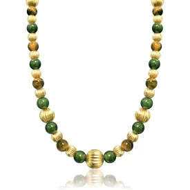 14K Yellow gold beaded necklace with jade and tiger eye