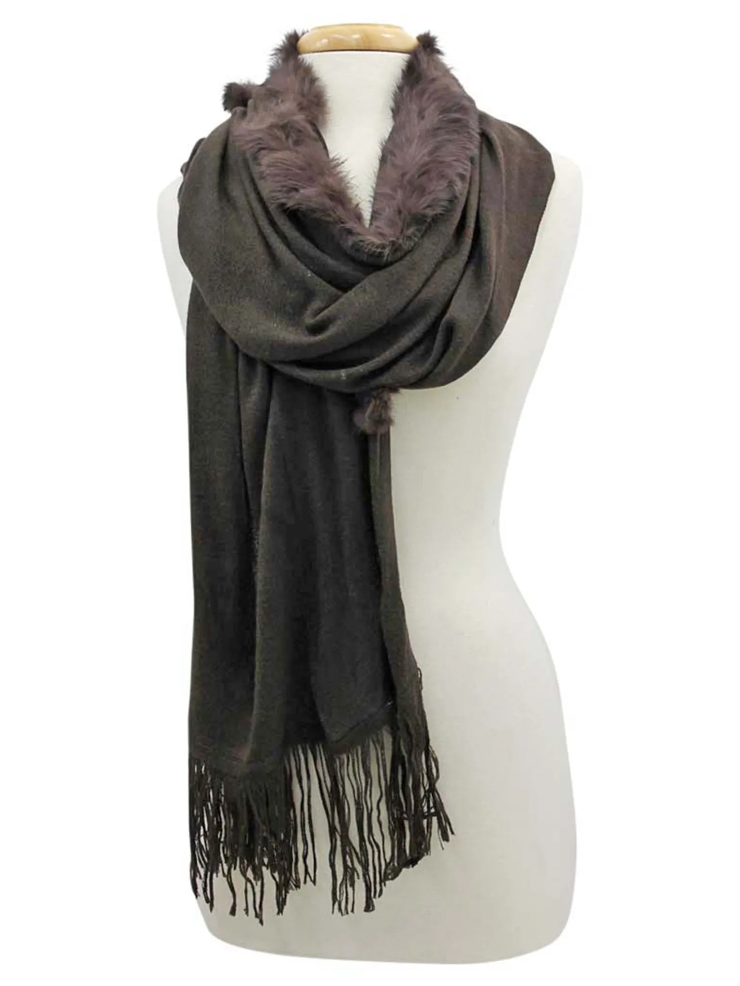 Brown Lightweight Knit Shawl With Faux Fur Collar