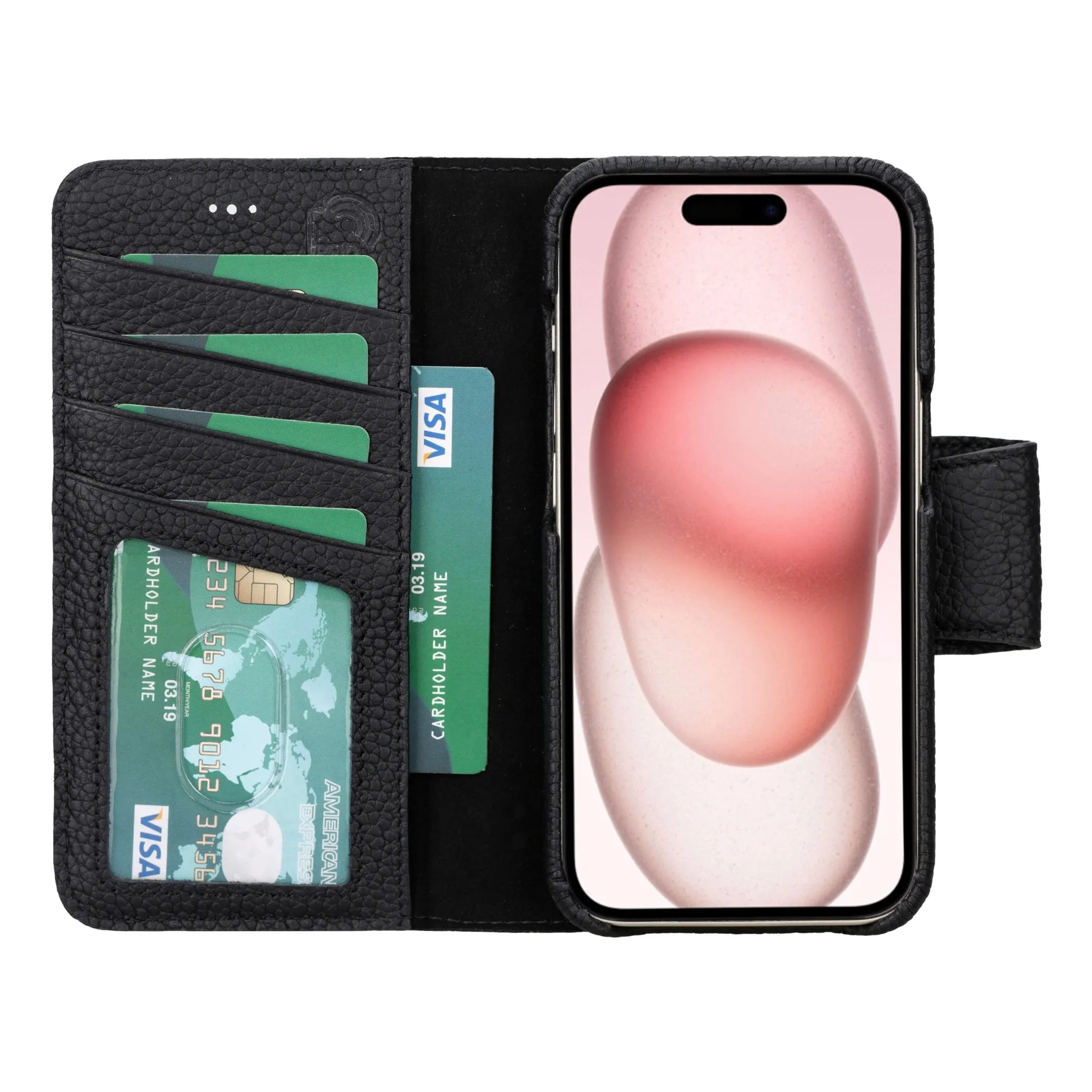 Burkley iPhone 15 Wallet Case, Pebble Black