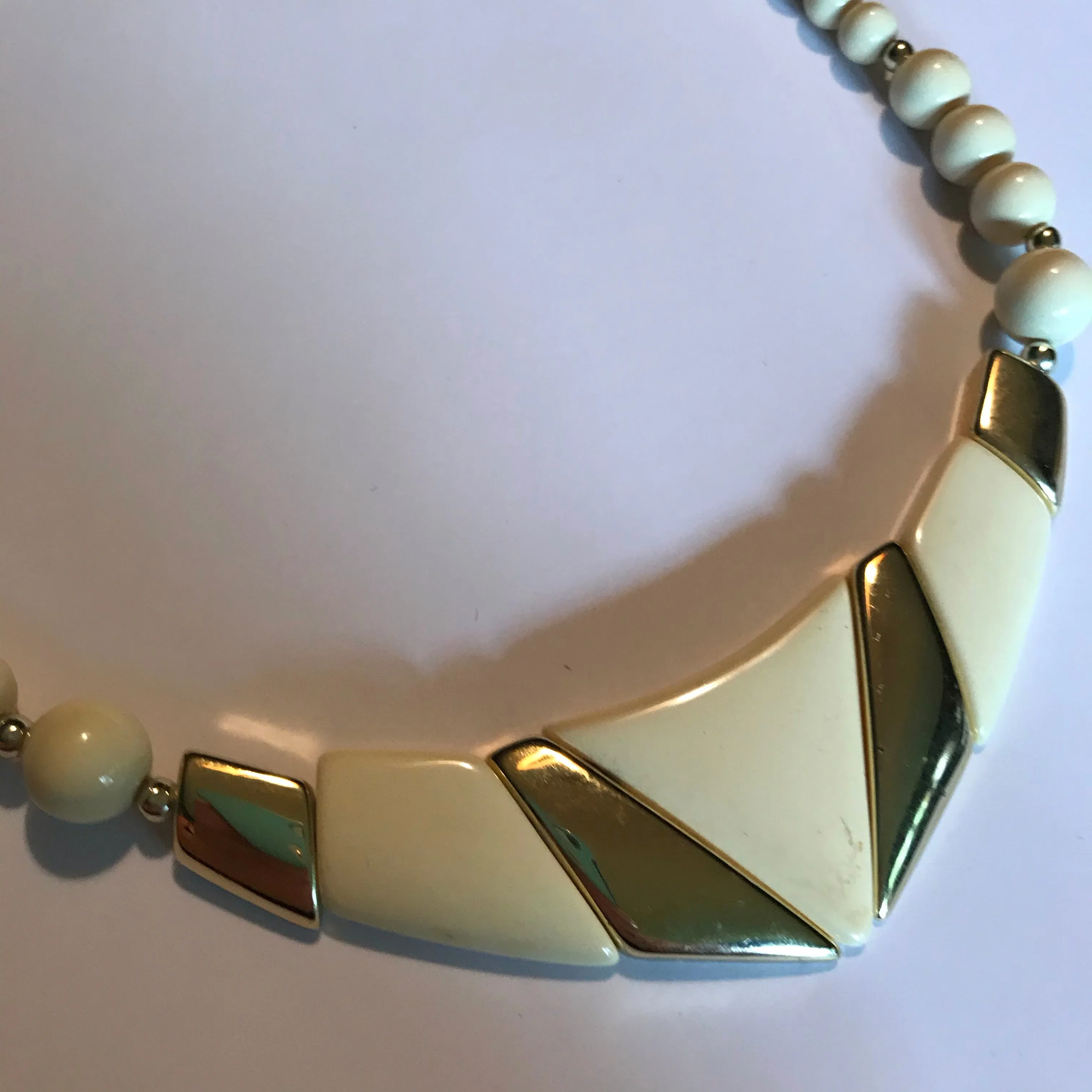 Geometric Ivory Plastic Beaded Necklace circa 1980s