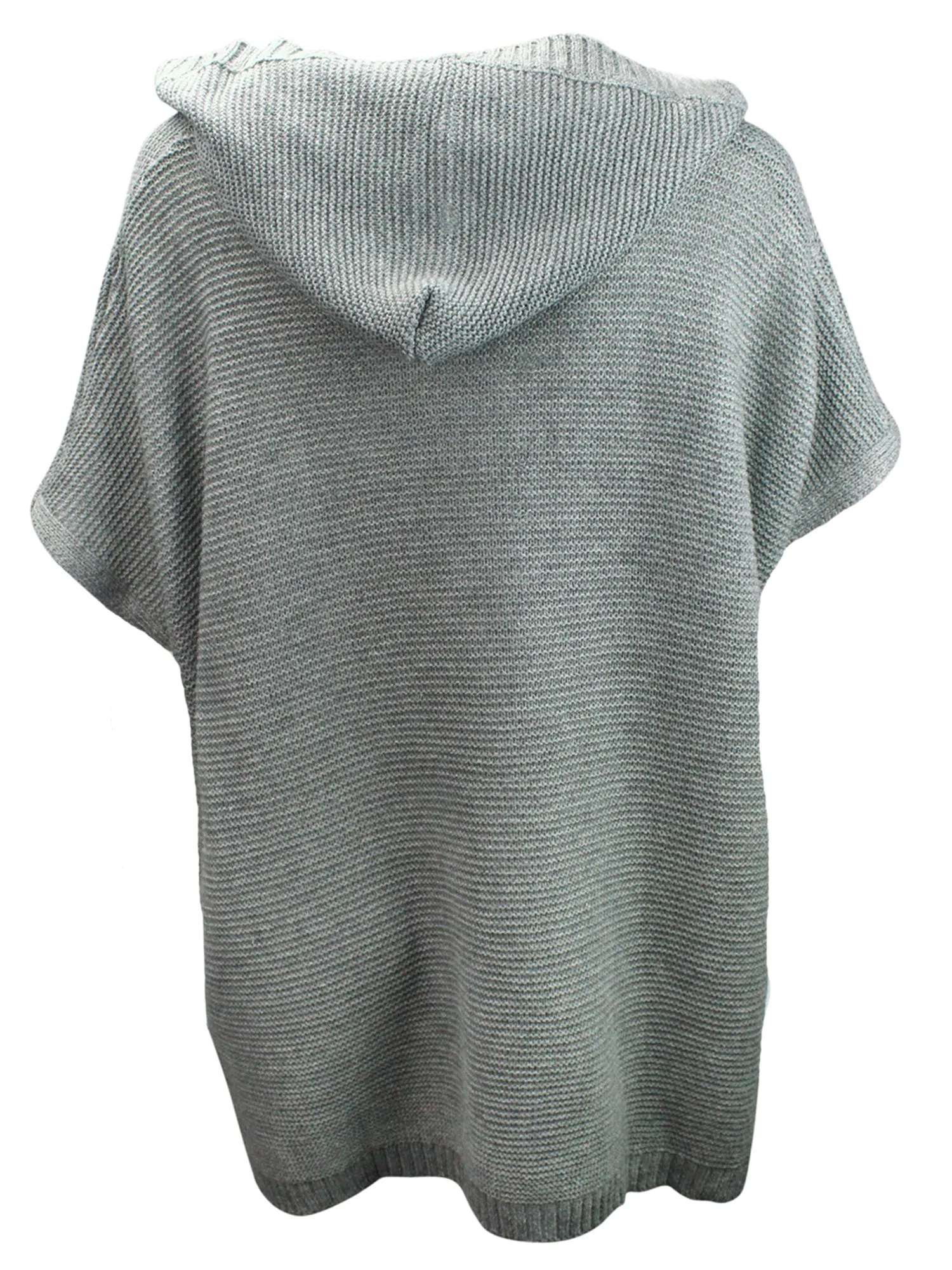 Gray Knit Poncho Style Lace-Up Sweater With Hood