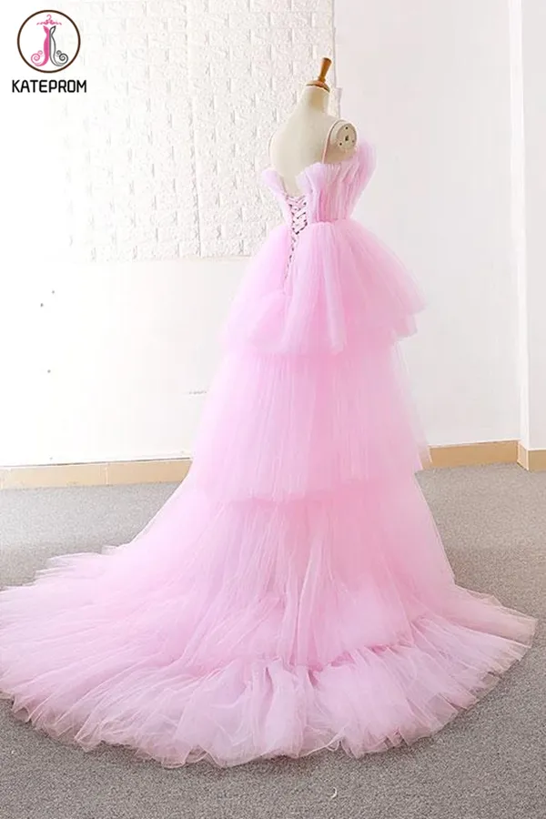 Kateprom A-line Pink High Low Prom Dress Tulle Formal Dresses Evening Gowns for Sale KPP1319