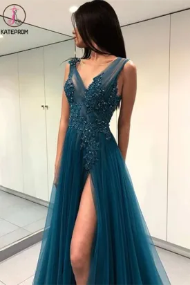 Kateprom A-line Prom Dresses Deep V Blue Tulle Modest Long Prom Dress KPP1333
