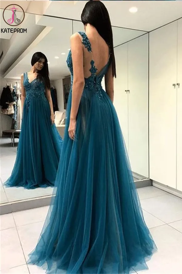 Kateprom A-line Prom Dresses Deep V Blue Tulle Modest Long Prom Dress KPP1333