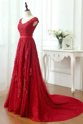 Kateprom A Line Red V Neck Long Lace Prom Dresses with Cap Sleeves KPP1454