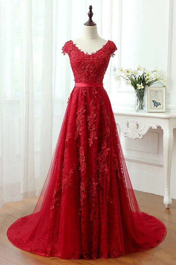 Kateprom A Line Red V Neck Long Lace Prom Dresses with Cap Sleeves KPP1454