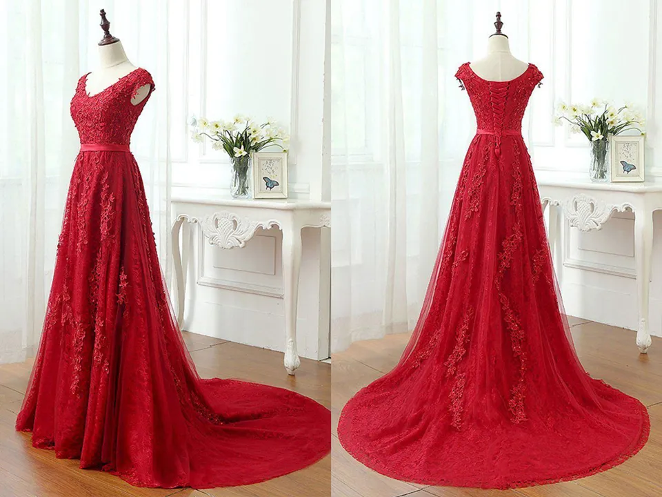 Kateprom A Line Red V Neck Long Lace Prom Dresses with Cap Sleeves KPP1454