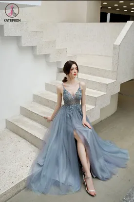Kateprom A Line Spaghetti Straps Tulle Prom Dress with Side Slit, Long Evening Dress with Beads KPP1295