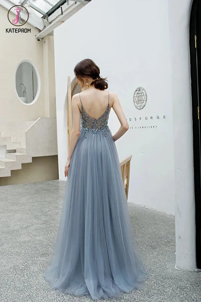 Kateprom A Line Spaghetti Straps Tulle Prom Dress with Side Slit, Long Evening Dress with Beads KPP1295