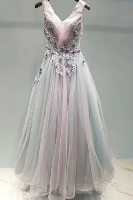 Kateprom Beautiful Prom Dress A line V neck Applique Ombre Tulle Long Prom Dresses Evening Dress KPP1491