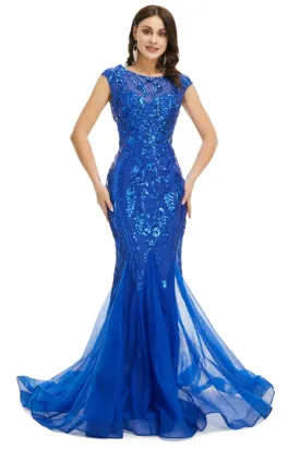 Kateprom Blue Scoop Sequins Long Prom Formal Dress KPP1649