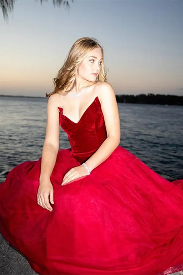 Kateprom Burgundy A Line Tulle Strapless Prom Dress Long Formal Ball Dress, Evening Dress KPP1429