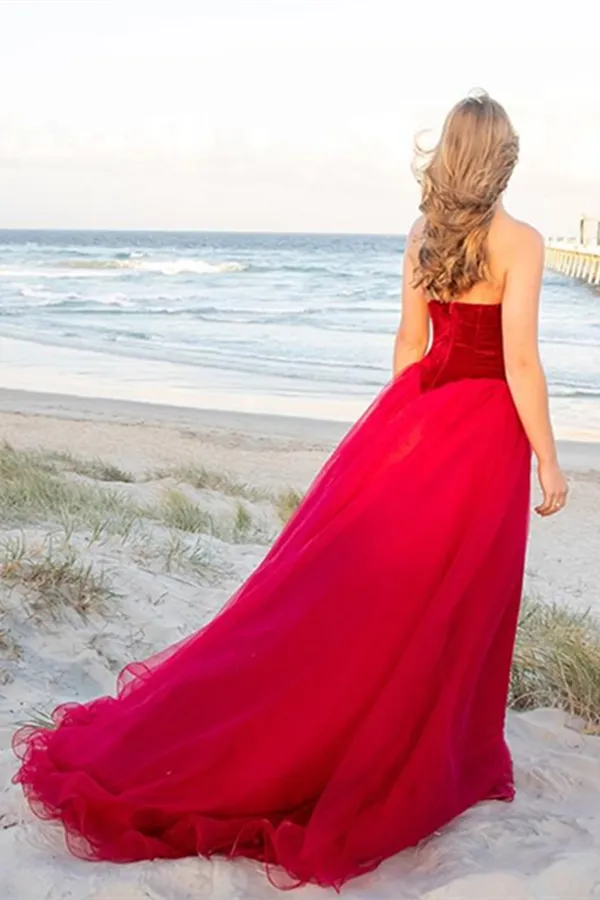 Kateprom Burgundy A Line Tulle Strapless Prom Dress Long Formal Ball Dress, Evening Dress KPP1429