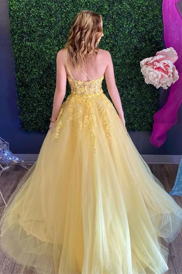 Kateprom Chic A Line One Shoulder Yellow Tulle Sleeveless Prom Dress Applique Long Evening Dress KPP1519