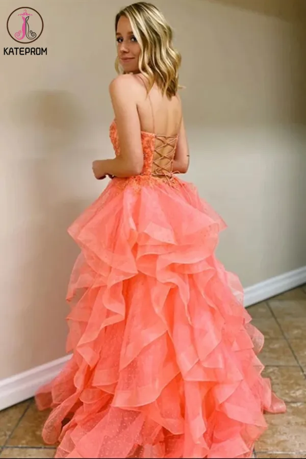 Kateprom Coral Backless Tulle Beaded Long Prom Gowns, Spaghetti Straps Layers Prom Dress KPP1327