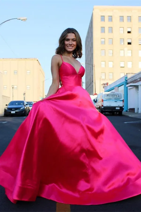 Kateprom Cute A line Deep V neck Lace up Pink Satin Long Prom Dresses KPP1482