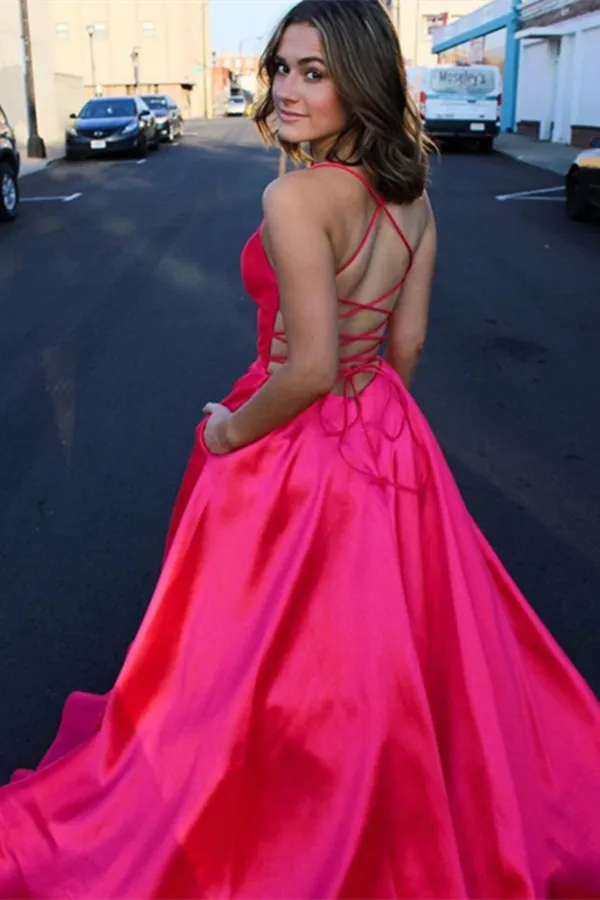 Kateprom Cute A line Deep V neck Lace up Pink Satin Long Prom Dresses KPP1482