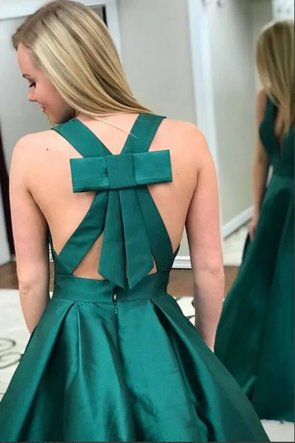 Kateprom Dark Green Satin A Line V Neck Prom Dresses With Pockets, Evening Gown KPP1493