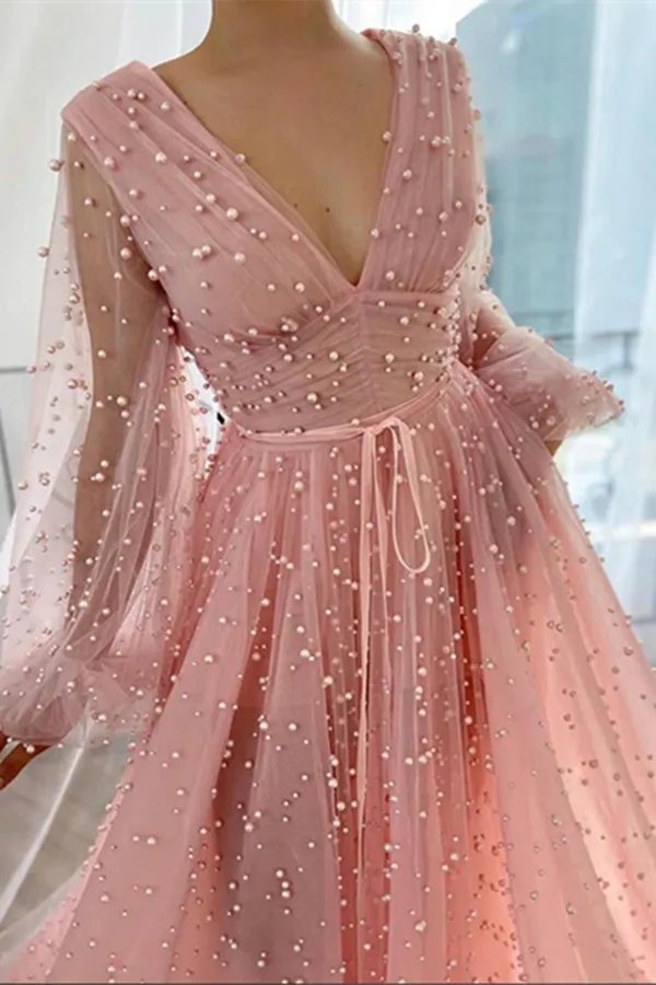 Kateprom Dusty Rose A line V neck Long Sleeves Beaded Prom Dresses, Evening Dress KPP1523