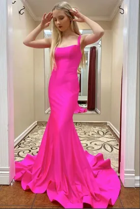 Kateprom Hot Pink Mermaid Satin Lace Up Back Long Prom Dresses, Evening Dress KPP1490