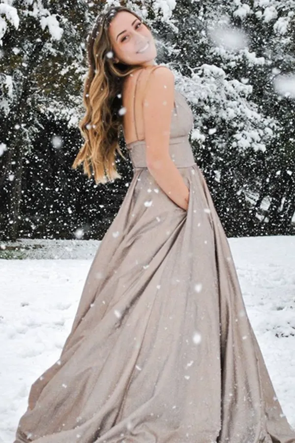 Kateprom New Style Elegant A line Spaghetti Straps V neck Satin Prom Dresses KPP1481