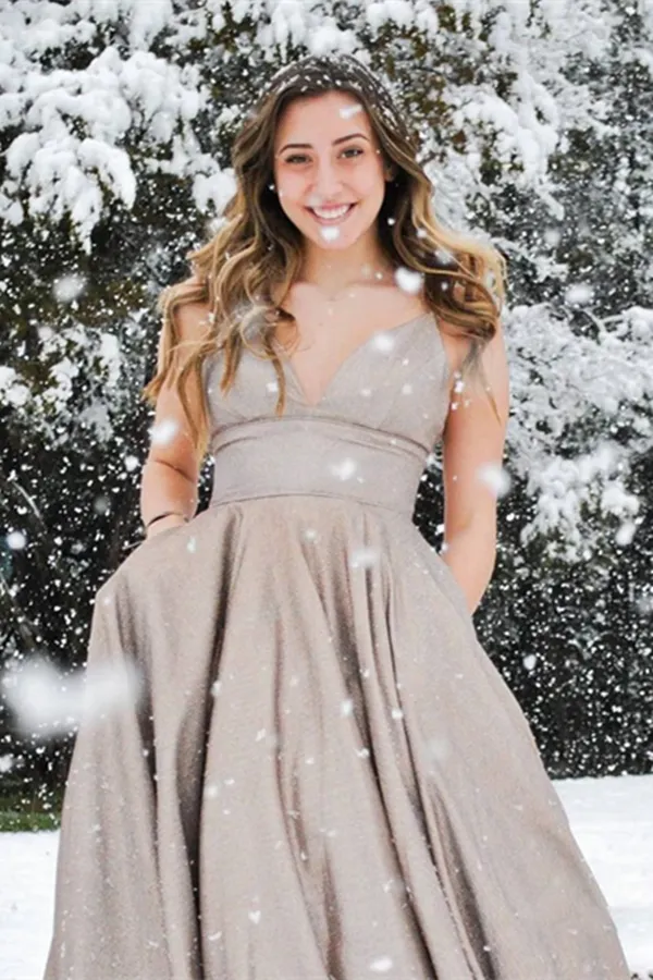 Kateprom New Style Elegant A line Spaghetti Straps V neck Satin Prom Dresses KPP1481