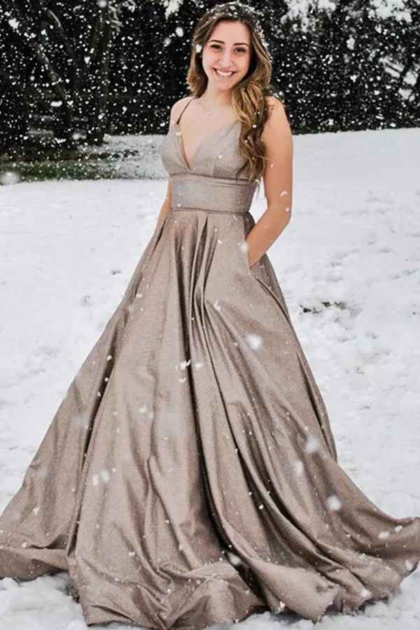 Kateprom New Style Elegant A line Spaghetti Straps V neck Satin Prom Dresses KPP1481