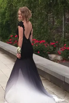 Kateprom Ombre Trumpet Court Train Capeed Sleeve Appliques Side Slit Prom Dress, Formal Dress KPP1478