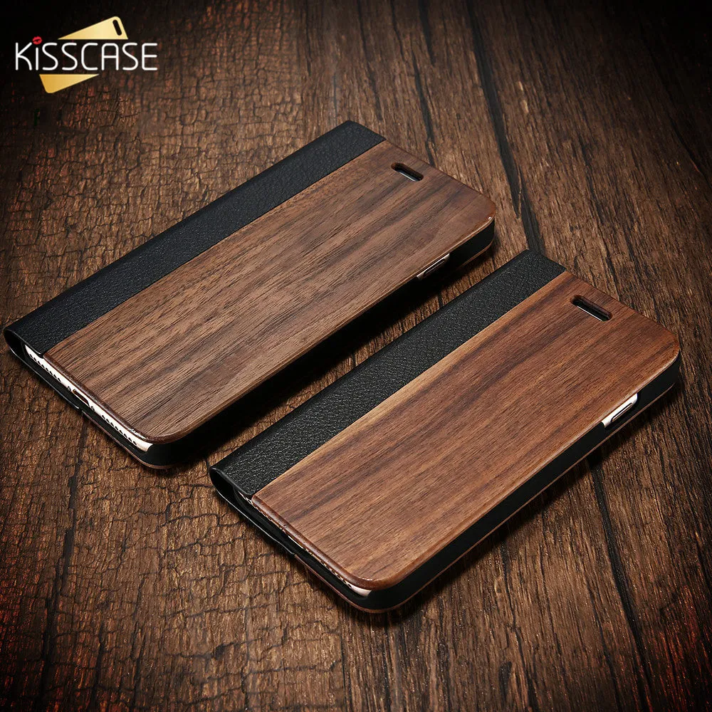 KISSCASE Bamboo Flip Phone Case For iPhone 7 6 6s Natural Wood Protector Cover For iPhone 7 6 6s Plus Card Slot Wallet Case Capa