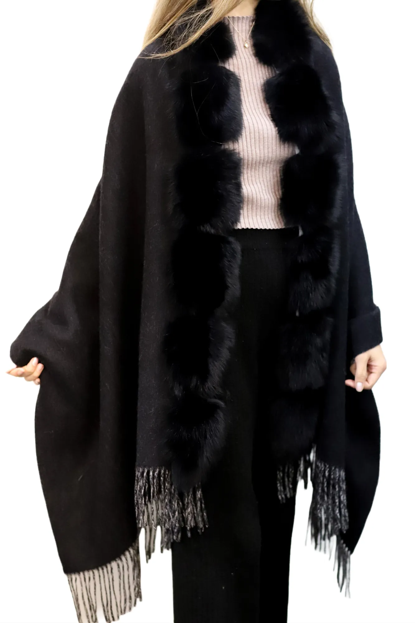 La Fiorentina Reversible Two Tone Wool Wrap with Fox Trim - Black