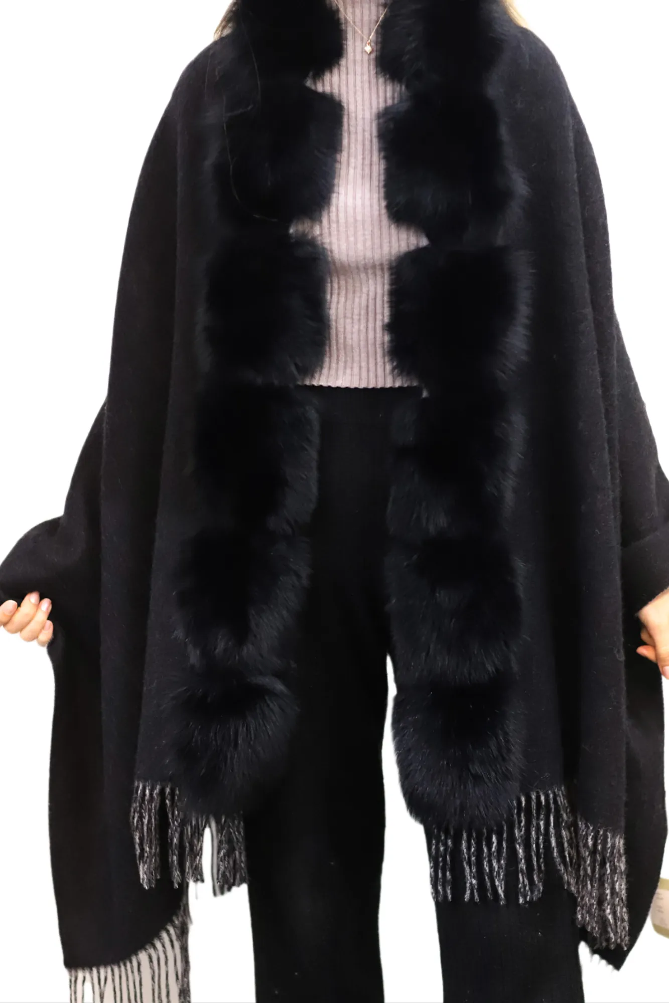 La Fiorentina Reversible Two Tone Wool Wrap with Fox Trim - Black