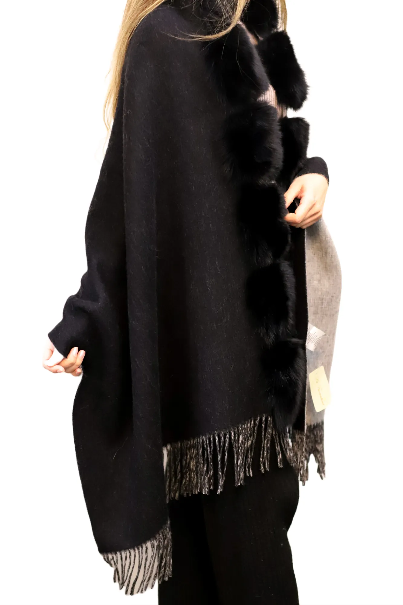 La Fiorentina Reversible Two Tone Wool Wrap with Fox Trim - Black
