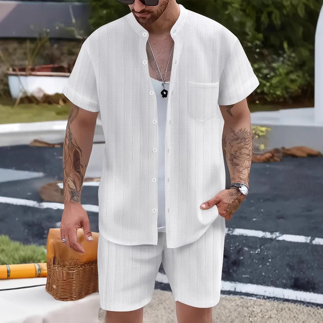 Mens Casual Set  Henley Shirt and Shorts  Relaxed Fit  Lightweight Breathable Cotton