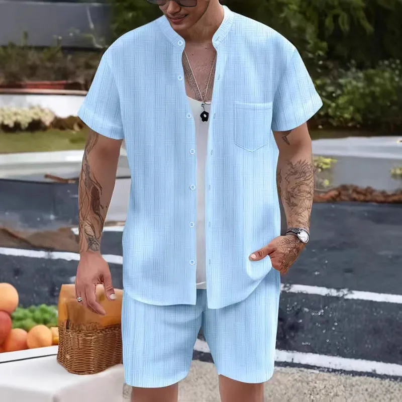 Mens Casual Set  Henley Shirt and Shorts  Relaxed Fit  Lightweight Breathable Cotton