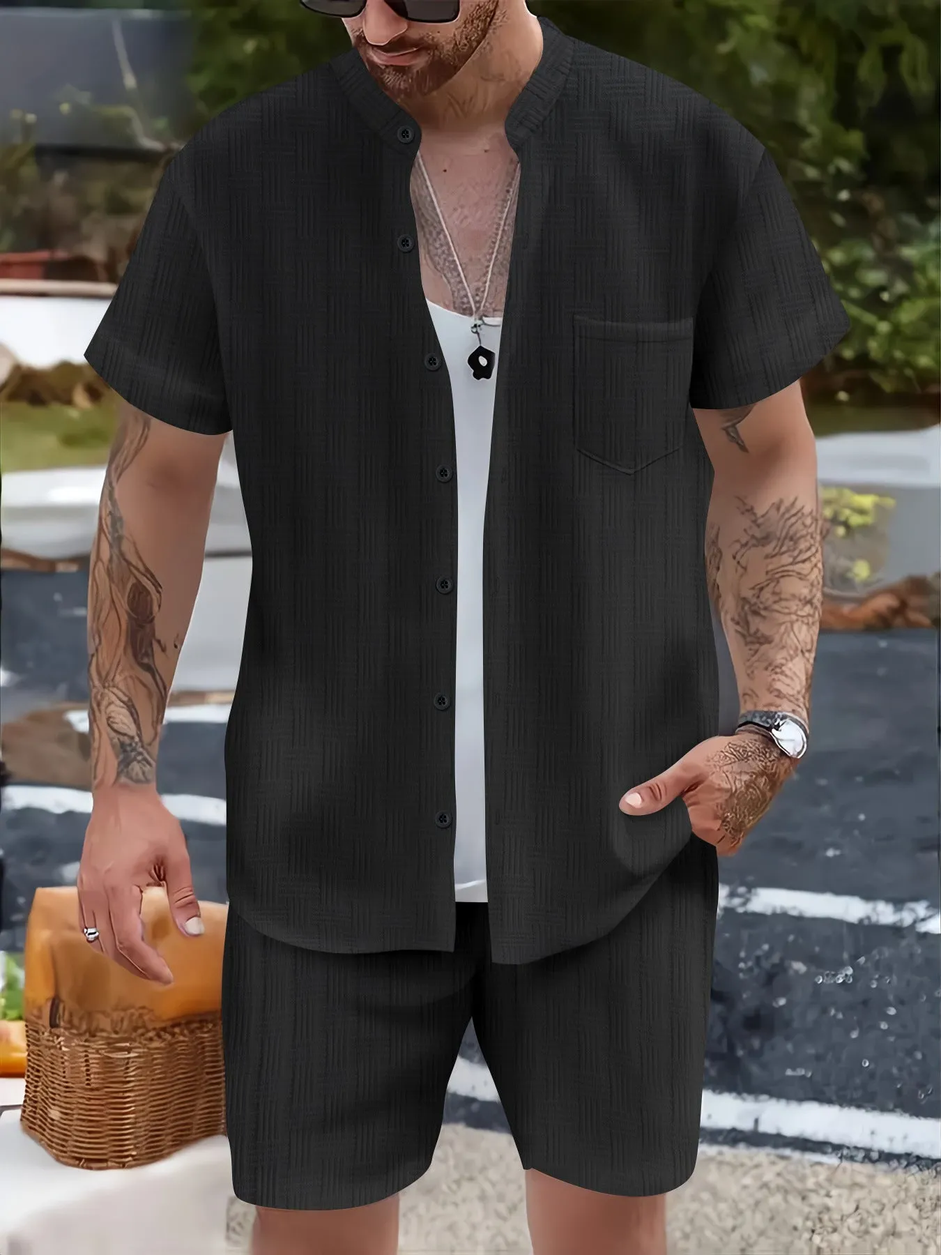 Mens Casual Set  Henley Shirt and Shorts  Relaxed Fit  Lightweight Breathable Cotton