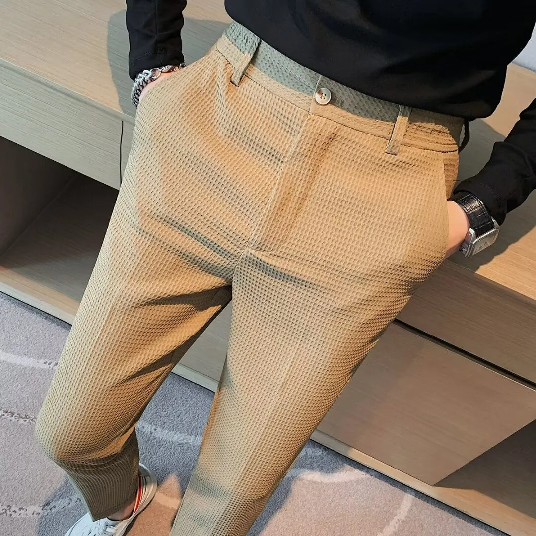 Mens Cropped Trousers  Slim Fit  Textured Fabric  Tapered Leg  Smart Casual Wear