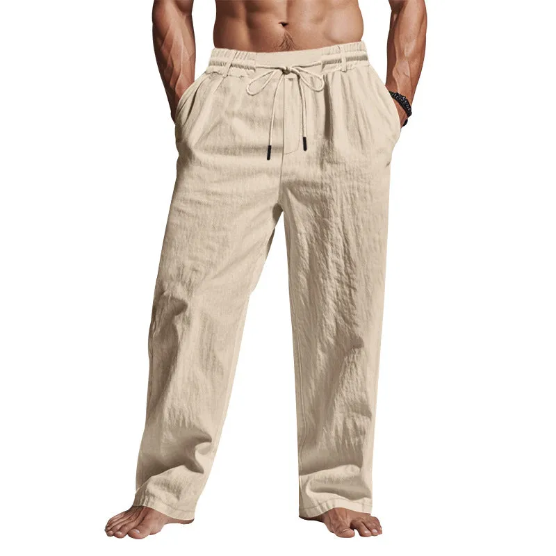 Mens Linen Pants  Relaxed Fit  Full Length  Drawstring Waist  Side Pockets