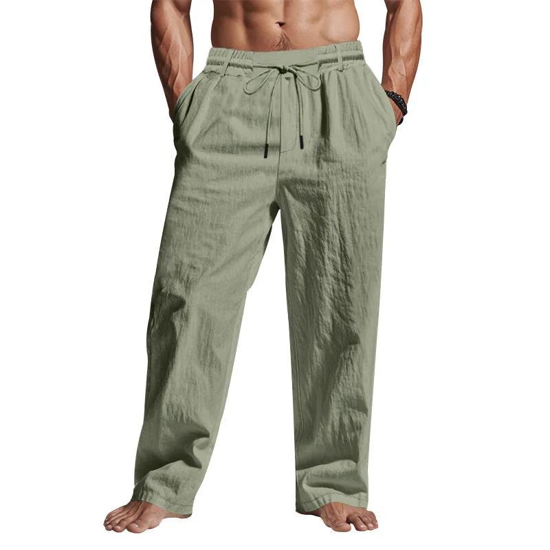 Mens Linen Pants  Relaxed Fit  Full Length  Drawstring Waist  Side Pockets