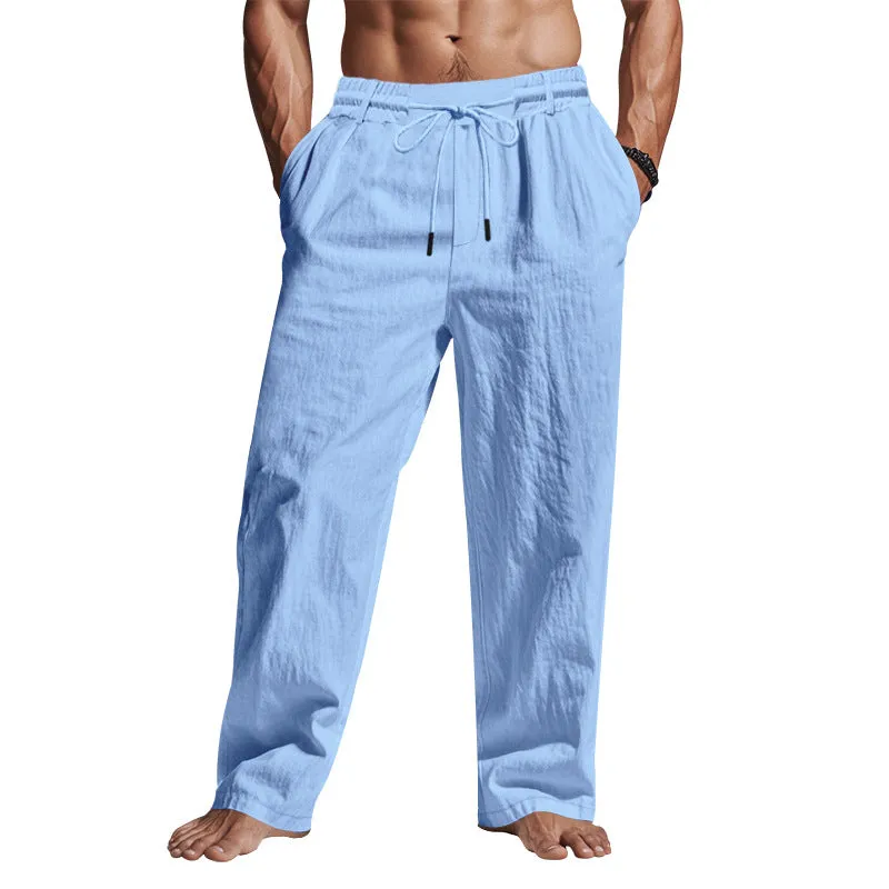 Mens Linen Pants  Relaxed Fit  Full Length  Drawstring Waist  Side Pockets