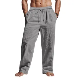 Mens Linen Pants  Relaxed Fit  Full Length  Drawstring Waist  Side Pockets