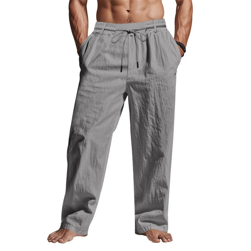 Mens Linen Pants  Relaxed Fit  Full Length  Drawstring Waist  Side Pockets