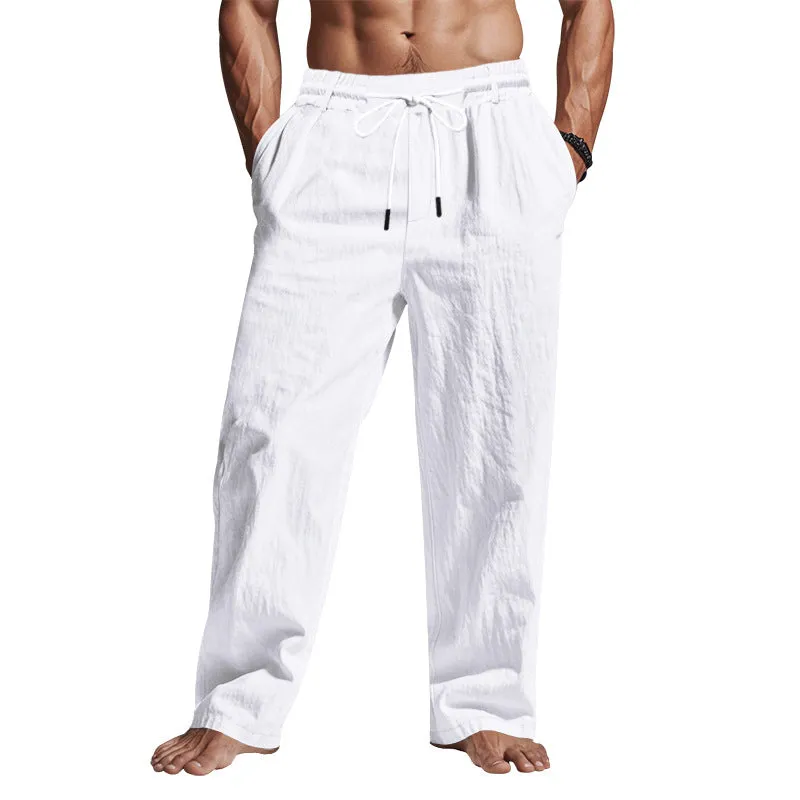 Mens Linen Pants  Relaxed Fit  Full Length  Drawstring Waist  Side Pockets