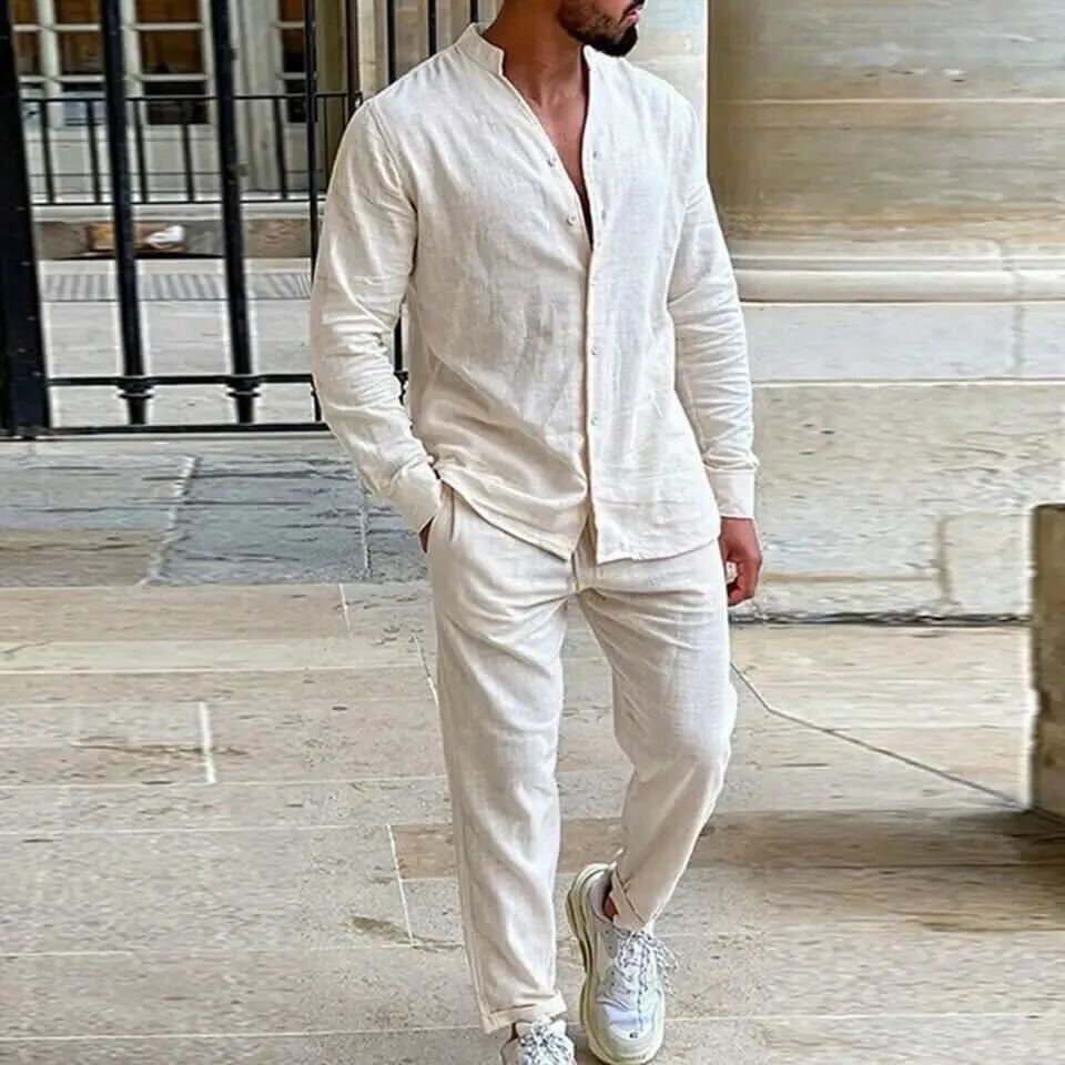 Mens Linen Set  Relaxed Fit Shirt and Straight-Leg Pants  Lightweight Breathable Casual Wear
