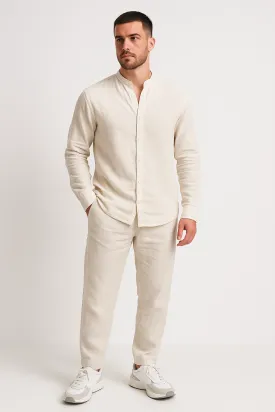 Mens Linen Set  Relaxed Fit Shirt and Straight-Leg Pants  Lightweight Breathable Casual Wear