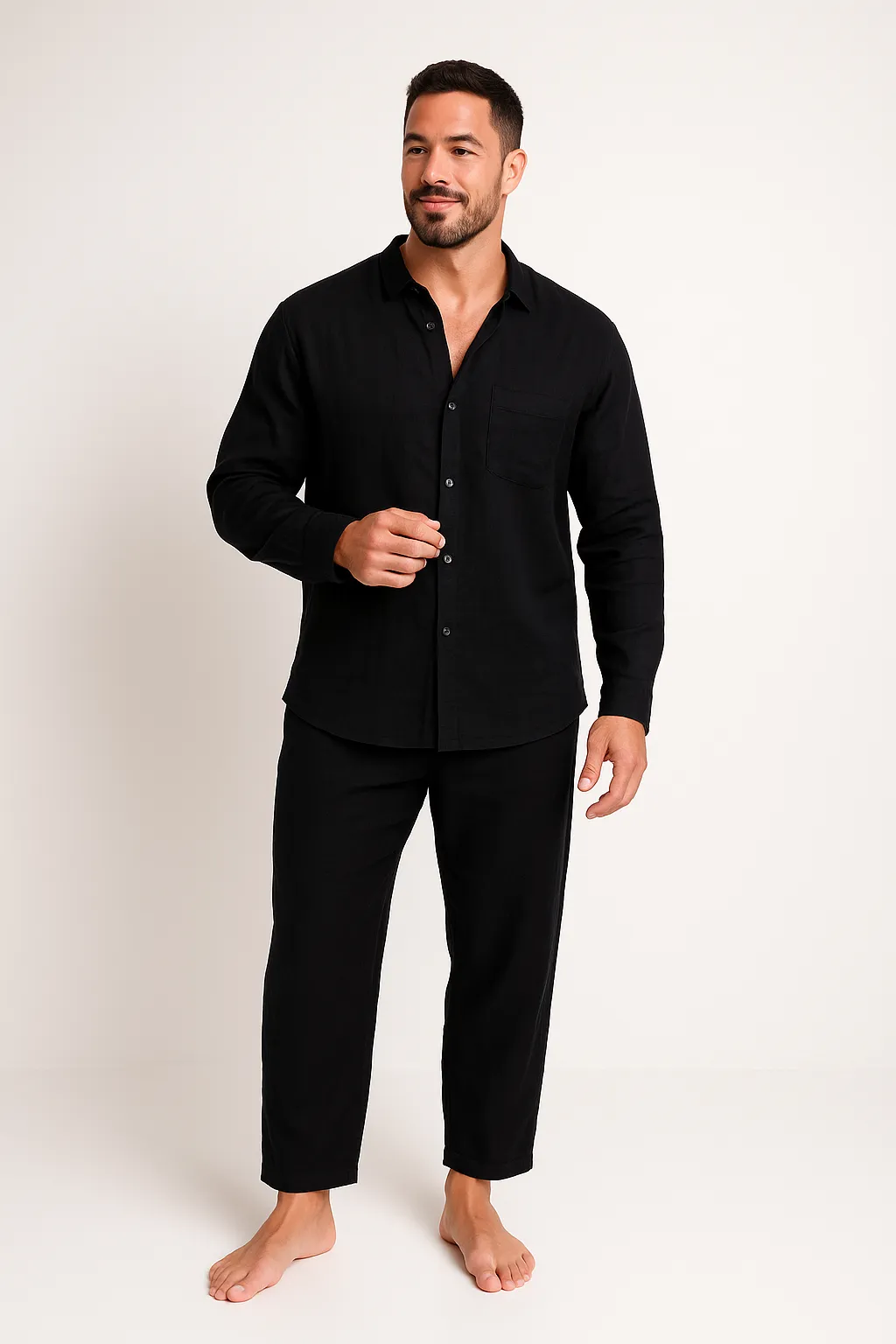 Mens Linen Set  Relaxed Fit Shirt and Straight-Leg Pants  Lightweight Breathable Casual Wear