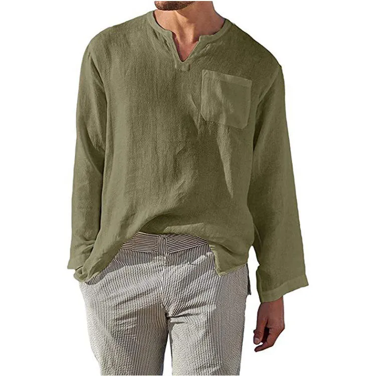 Mens Long Sleeve Shirt  Linen Cotton Blend  Relaxed Fit  Band Collar Casual Wear