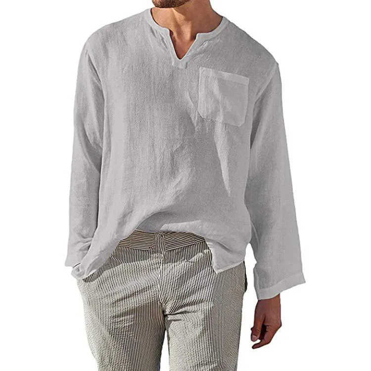 Mens Long Sleeve Shirt  Linen Cotton Blend  Relaxed Fit  Band Collar Casual Wear