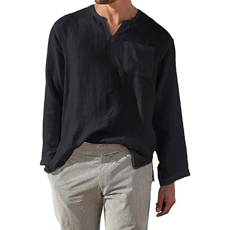 Mens Long Sleeve Shirt  Linen Cotton Blend  Relaxed Fit  Band Collar Casual Wear