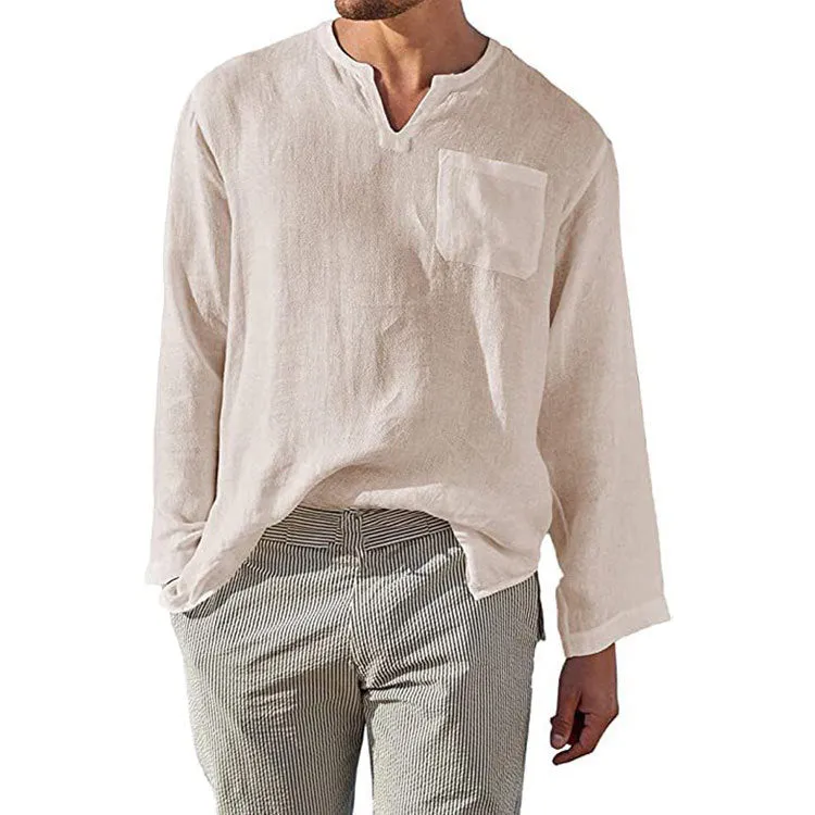 Mens Long Sleeve Shirt  Linen Cotton Blend  Relaxed Fit  Band Collar Casual Wear