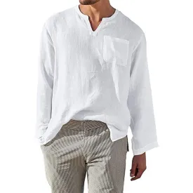 Mens Long Sleeve Shirt  Linen Cotton Blend  Relaxed Fit  Band Collar Casual Wear